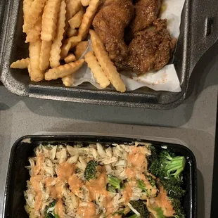 Old bay wings, seafood Mac &amp; cheese, fries, &amp; lulus hookup featuring crab