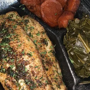 Blackened Catfish w/ Yams &amp; Greens (Side of Cajun Cream Sauce)