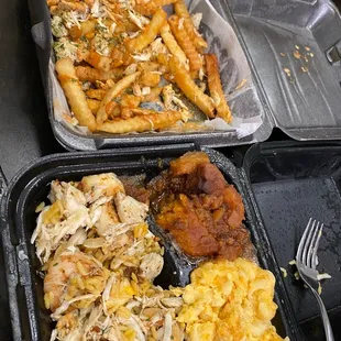 Crab fries, crab stuffed shrimp, mac &amp; cheese, and yams