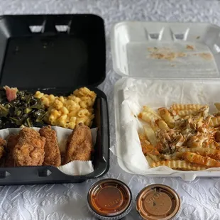 (Left) chicken platter (right ) crab fries