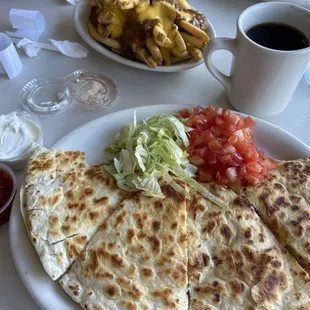 Chicken Quesadilla and Chili Cheese Fries