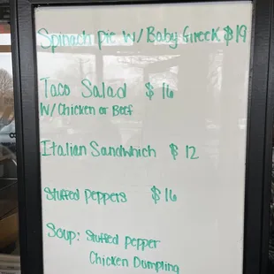 a menu on a white board