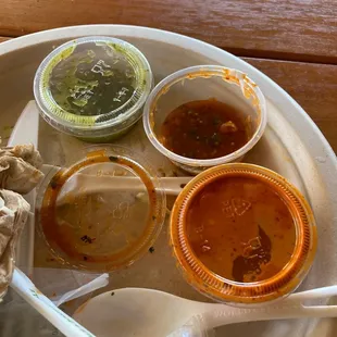 Green salsa mild,red salsa spicy and orange salsa very spicy
