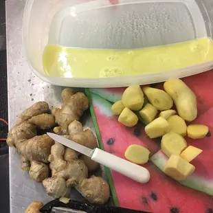 Fresh ginger, tediously peeled and juiced. Only the best ingredients go into the goodness that I call Lulu&apos;s Sorbetto.