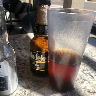 Plastic glass with cold beer. Beer was $6.49.