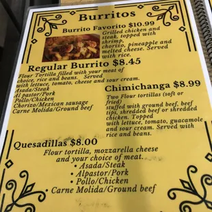 a menu for burritos