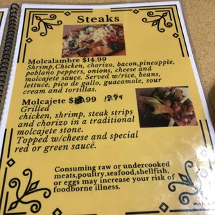 a menu for steaks