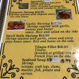 a menu for seafood