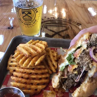 Sawdust Hazy IPA and Farmhouse burger