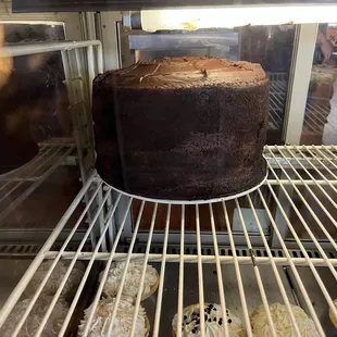 Huge Chocolate Cake in the refrigerator. Yum