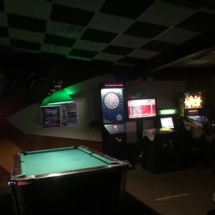 a pool table and arcade machines