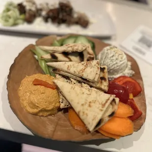 Duo dip- fresh vegetables wit humus and feta cheese spread.