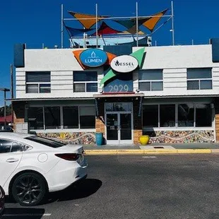 Colourful and exterior of front of building