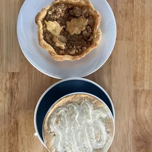 Breve latte with whipped cream and mini apple pie.