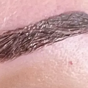 Close-up of left/high brow: bottom of stencil was aligned just above natural brow line at arch, accentuating height