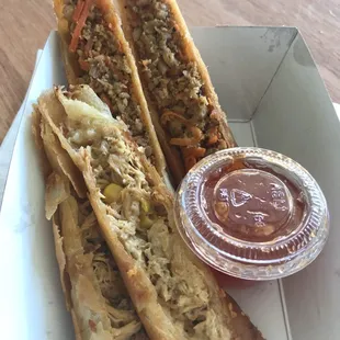 Split order: chicken poblano, sriracha pork