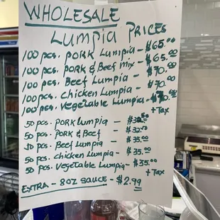 Inside: Lumpia price list