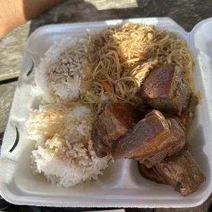 Pork adobo with rice and pancit