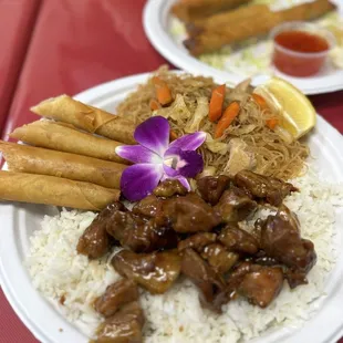 Pork Adobo plate (comes with rice, pancit, and pork lumpia)