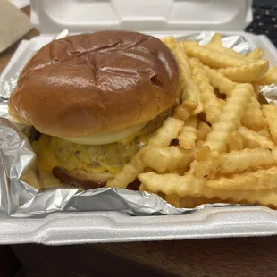 Double cheeseburger with fries baby