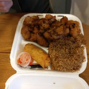 Sweet and sour chicken with fried rice and egg roll (not shown - a PINT of sweet ND sour sauce!)