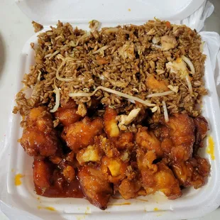 Orange chicken and chicken fried rice