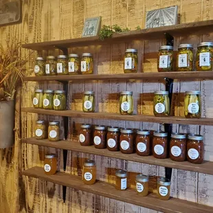 Pickles, Maria's hot salsa, and apple butter