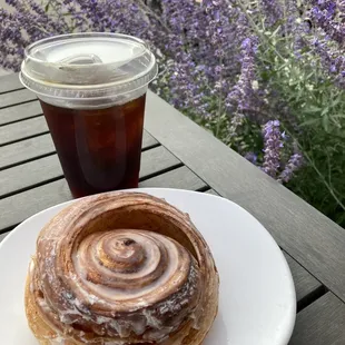Cold brew and cinnamon roll croissant