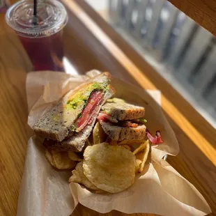 BLT w/avocado panini and unsweetened iced tea.