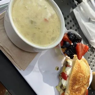 Corn chowder and veggie panini
