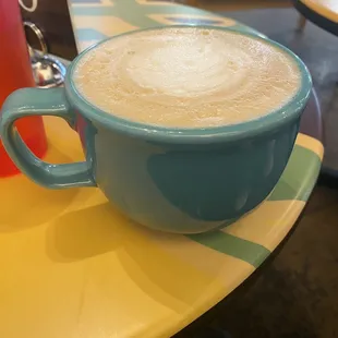 a cup of cappuccino on a table