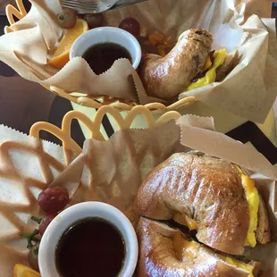 Toby bagel. Bacon, egg, and cheddar cheese with real maple syrup.