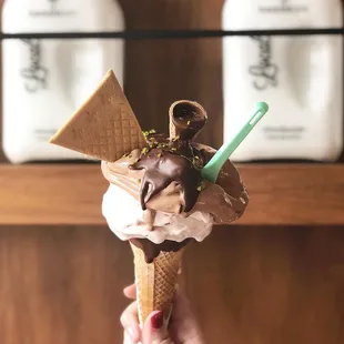 Gianduia gelato and cone drizzled under our chocolate fountain