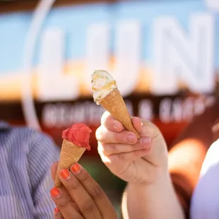 Strawberry Granita, &amp; Maracuja Gelato mini cones