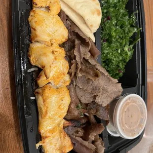 Chicken Kabob &amp; gyro meat with kale salad as they were out of regular salad