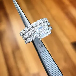 Stacking wedding rings! Emerald cut diamond engagement ring, with diamond rings, diamond pave bands