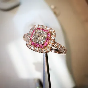 Princess Cut Diamond set in White and Pink diamond Halo Ring