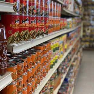 cans of canned food on shelves