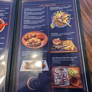 Luna Specialties menu.