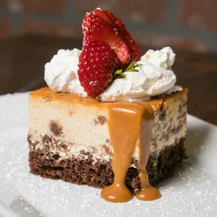 - Chocoflan - rich flourless chocolate cake, topped with flan, seasonal berries, whipped cream