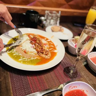 Huevos rancheros with shrimps