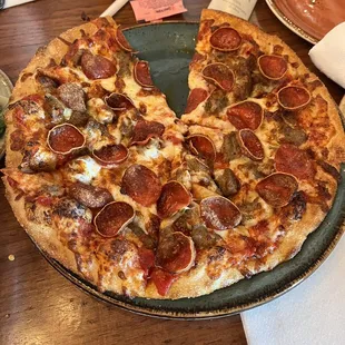 Personal sized pepperoni and Sausage Pizza.