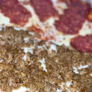 a close up view of a pizza
