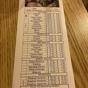 Wine list