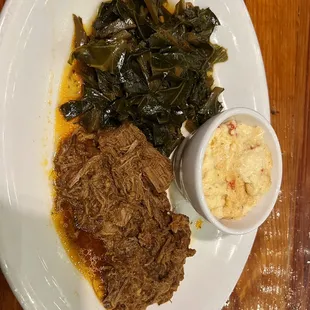 Braised beef with grits and collards