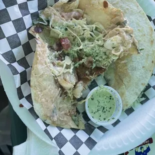 Inside the shrimp tacos. That green sauce was soooo good!