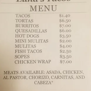 Menu as of 2/13/20