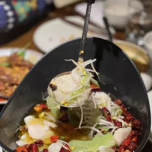 a person holding a spoon full of food