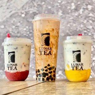 Strawberry Rice Yogurt, milk tea, Mango Rice Yogurt