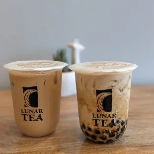 Coffee Milk Tea (left) + Roasted Oolong Milk Tea with Brown Sugar Boba (right)